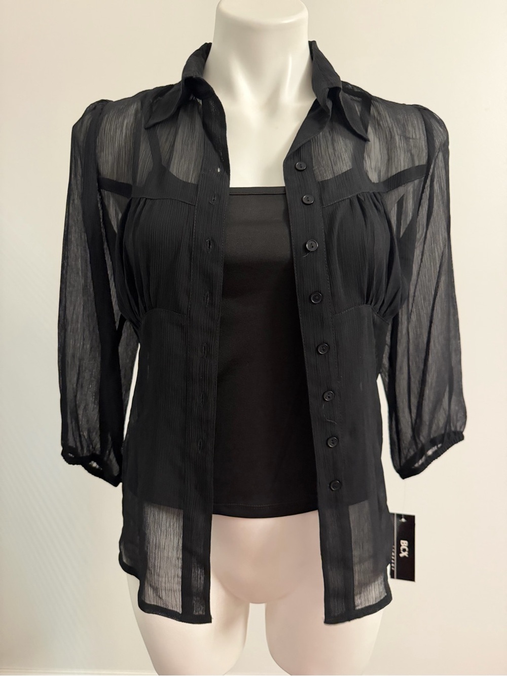 BCX Sheer Black Button-Up Blouse w/Cami